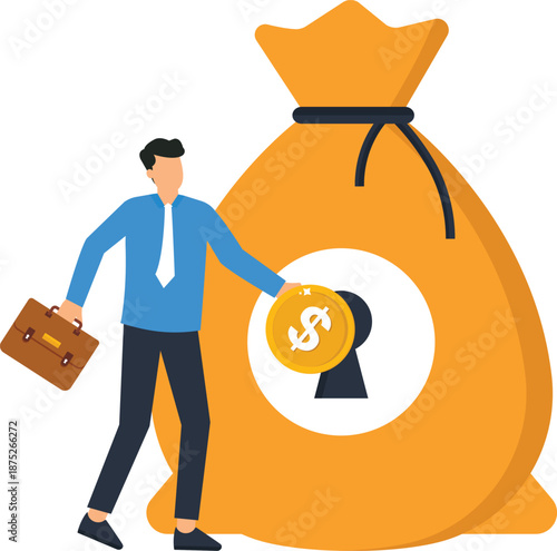 Business man placing dollar coin into money bag keyhole representing financial security investment strategy wealth management secure funds corporate finance flat design
