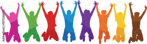 Colorful silhouettes of joyful people jumping, representing happiness, energy, excitement, celebration, and teamwork, vector illustration