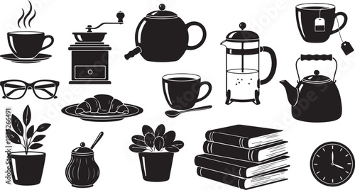 Coffee Time with Books and Plants Icon Set Collection