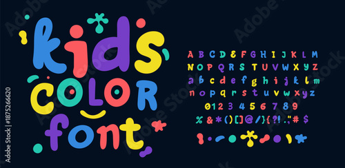 Festive kids joy vector flyer with colorful handwritten font. Playful children alphabet letters, numbers. Creative typography design for kids events, posters, banners, education, fun celebrations.