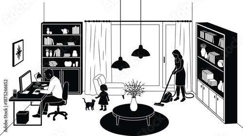 Modern family home interior illustration, parents working cleaning with child and cat, cozy living room lifestyle vector design concept