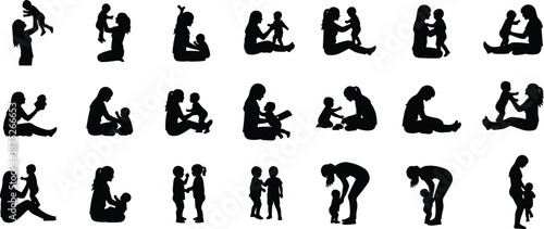 Mother and baby silhouette collection showing parenting moments, child development stages, family bonding, childcare, motherhood, love, growth, and nurturing connection