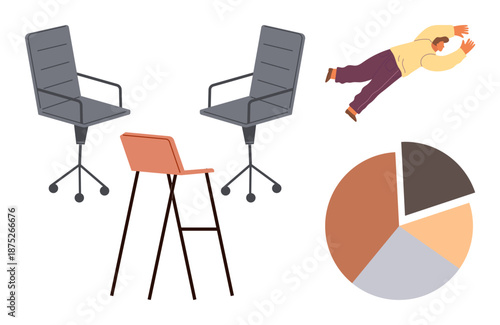 Workplace design, office dynamics, corporate creativity, data visualization, team collaboration, unusual concepts. Two office chairs, a stool a pie chart and a person appearing to fly. Office