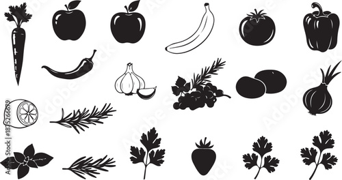 Variety of Fresh Fruits and Vegetables in Black Silhouette