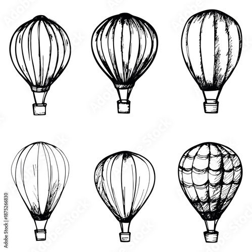 Hand drawn line art hot air balloon set featuring different vintage-style balloons for travel and adventure themes