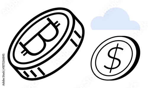 Cryptocurrency, blockchain, cloud storage, financial trading, virtual payments, decentralized finance. Bitcoin and dollar coins with a cloud. Cryptocurrency and blockchain concept
