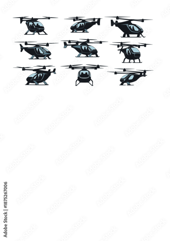 Fototapeta premium Personal eVTOL Air Taxi Silhouette, Future Urban Mobility and Electric Aviation, Smart City Transport and Advanced Transit Vector Art