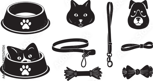 Black and white pet accessories and animal icons set