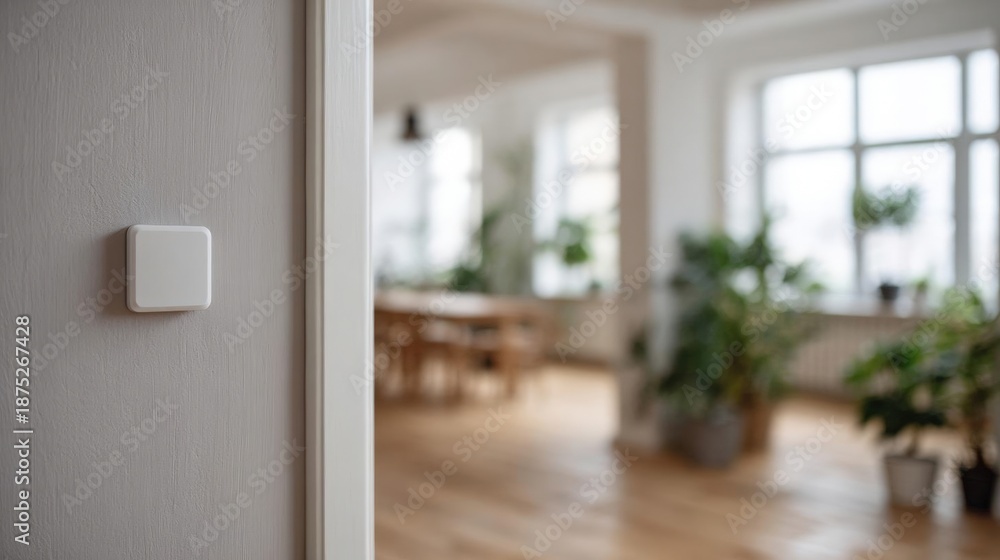 Fototapeta premium White light switch on a white wall in a room with large windows. the room appears to be empty, with a wooden floor and a dining table visible in the background.