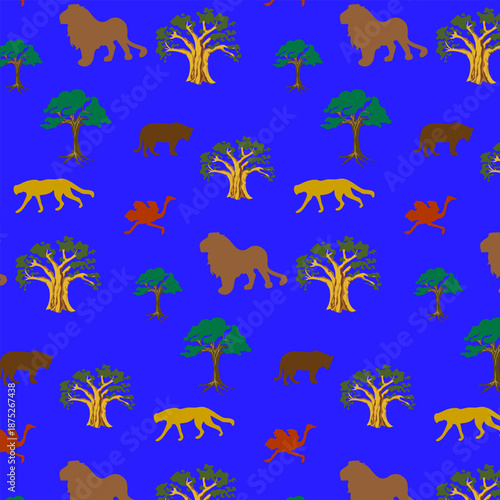 African predatory animals and a running ostrich.Vector pattern with ostriches and toothy predatory animals.