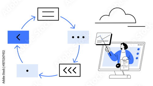 Data workflow concept. Data workflow process management and online collaboration. Data workflow supporting digital presentations and cloud-based interactions. For business, education, teamwork, data