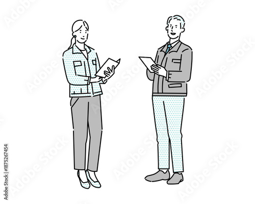 作業服を着た男女がファイルを手に持って立つ姿ー工業系ー倉庫系ー運送系のビジネスイラスト素材