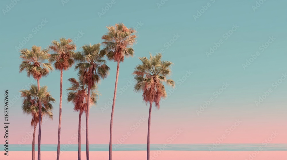 Fototapeta premium minimalist tropical beach scene with palm trees pastel colors
