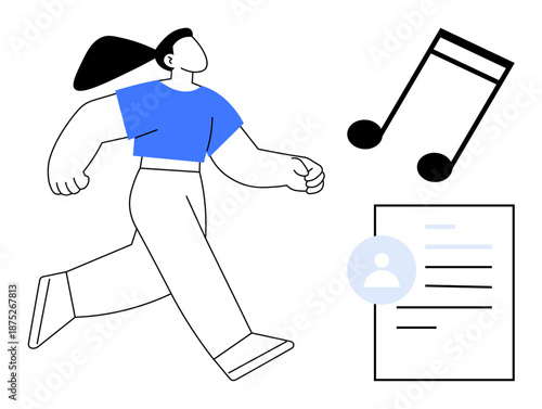 Digital lifestyle, music streaming, user identity, personal records, fitness, freedom. Woman running, musical notes and user profile document. Music streaming and user identity
