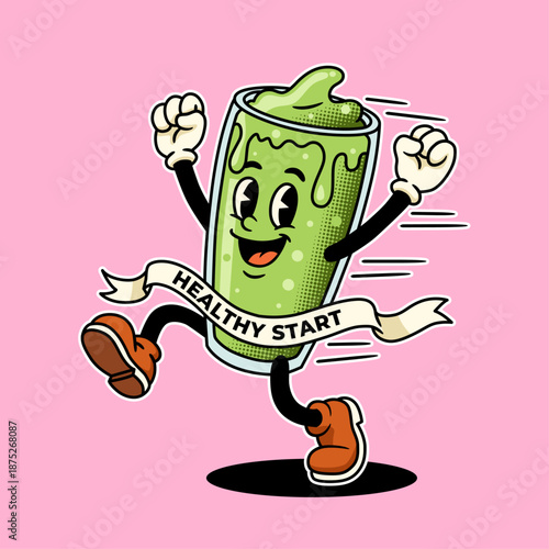 Energetic Smoothie Mascot: Vintage Cartoon Character for New Year's Wellness Resolutions