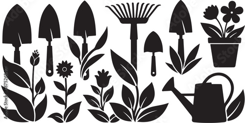 Gardening tools and plants in black silhouette style illustration