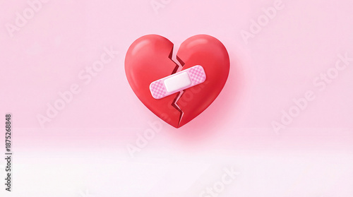 Broken heart with band aid on pink background representing love hurt and heartbreak in relationships
