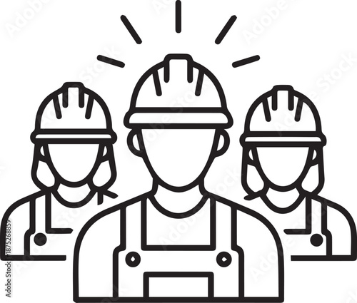 Three construction workers wearing hard hats and overalls standing together in a group