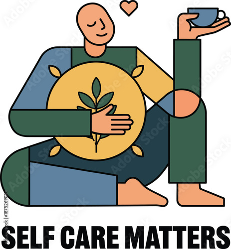 Flat vector illustration promoting self care and mental wellness, featuring a calm character holding a plant and a cup. Ideal for wellness, mindfulness, and health-related content.