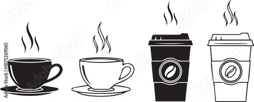 A black and white illustration showcasing four cups with steam rising from hot beverages including coffee and tea