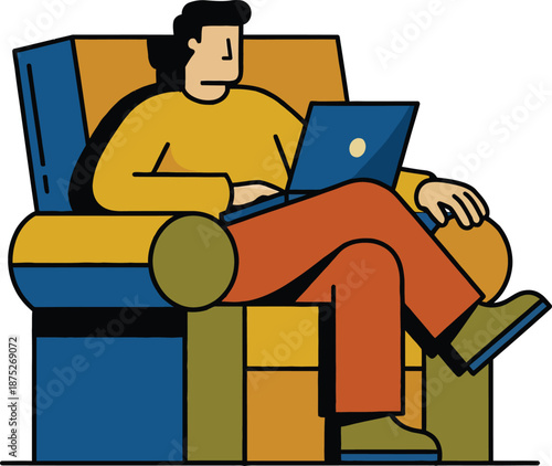 Flat vector illustration of a man relaxing in a chair while working on a laptop. Represents remote work, freelancing, comfort, and work life balance.