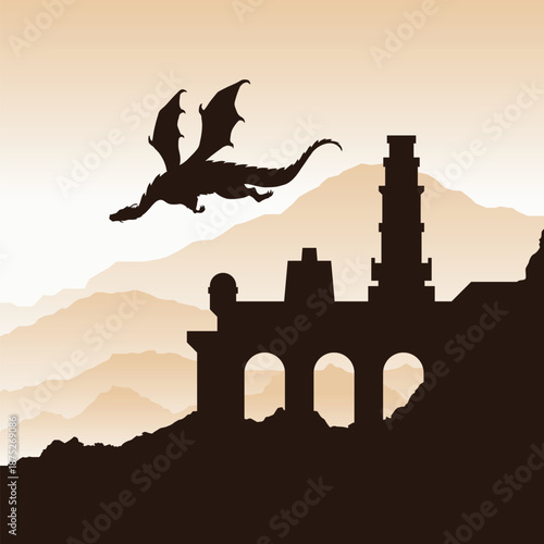 Dragon flying over castle ruins. Fantasy landscape silhouette with monster vector illustration.
