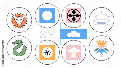 Modern Abstract Asian Cultural Symbols and Icons with Minimalist Geometry