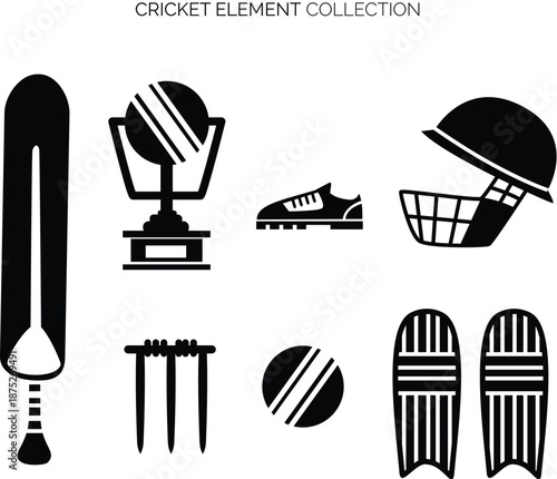 Cricket sport equipment silhouette set. Vector icons of trophy, helmet, ball, bat, wickets and shoe.
