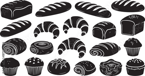 Variety of baked goods in black and white illustration
