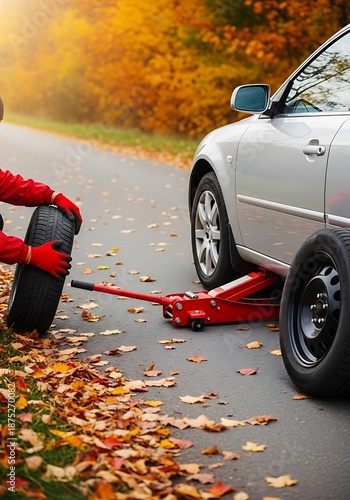Person replacing a car tire with a jack on an autumn road