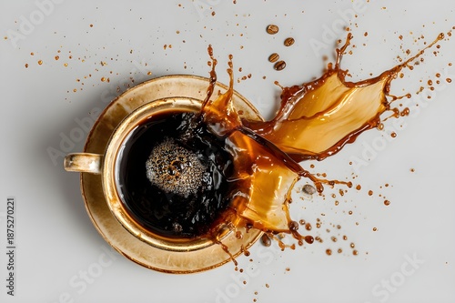 Coffee splash from a cup and coffee spill on the table from a top view