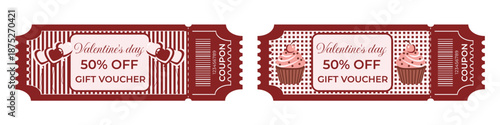 Valentine’s Day gift voucher and coupon set 50% off in retro style with heart balloons and cherry cupcakes