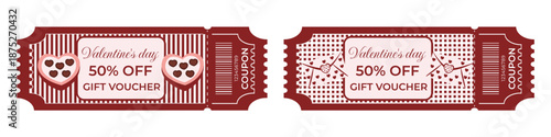 Valentine’s Day gift voucher and coupon set 50% off in retro style with chocolate boxes, hearts and envelopes