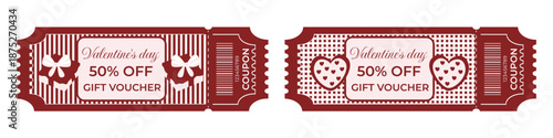 Valentine’s Day gift voucher and coupon set 50% off in retro style with gift boxes, bows and love cards