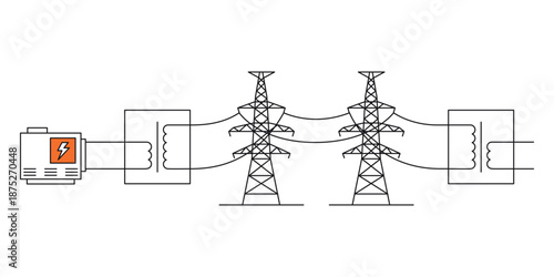 Power supply scheme. Energy power distribution with family house residence buildings, high voltage electricity grid pylons, electric transformer. Vector illustration
