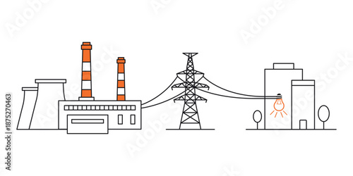Energy power distribution with family house residence buildings, high voltage electricity grid pylons, electric transformer. Transformer structure and working principle for electricity outline diagram