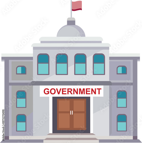 Classic government building facade features symmetrical windows, central dome, prominent signage, representing civic duty, public service.