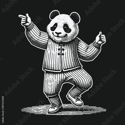 Whimsical Panda Character Dancing with Joyful Expression.