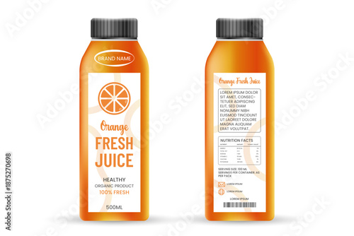 Juice Bottle Packaging Label Mockup with Fresh Orange Juice