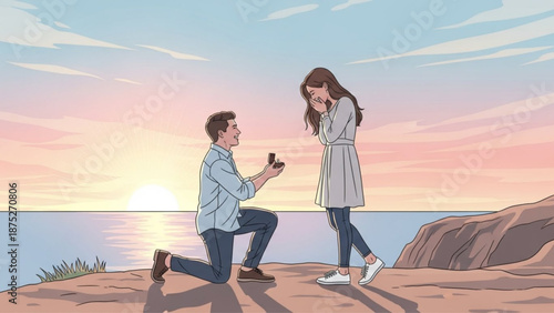 Man Proposing to Woman on Cliffside during Sunset Illustration