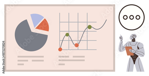 Data visualization, business analytics, artificial intelligence, statistics, tech solutions, future technology. Robot studying pie chart and line graph. Data visualization and business analytics
