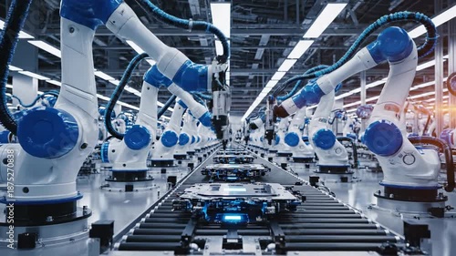 Robotic arms manufacturing assembly line automated process industry concept