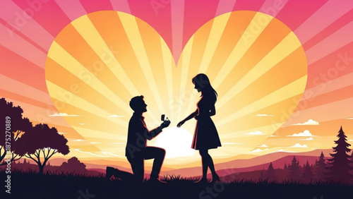 Man Proposing to Woman with Ring during Sunset in Heart-Shaped Landscape