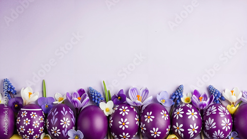 Purple Easter eggs decorated with flowers on pastel purple background with empty space for text