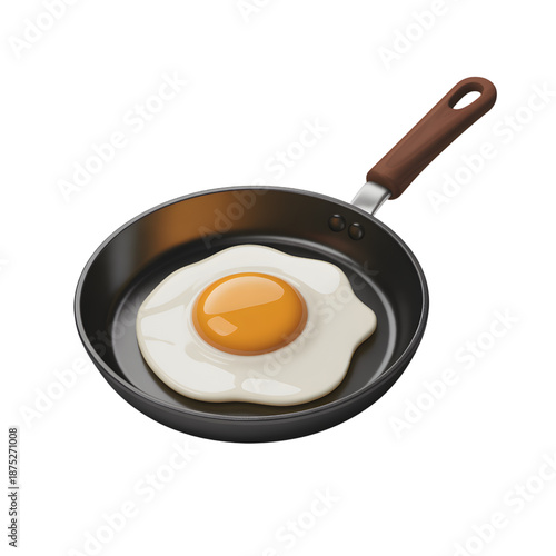 Fried Egg in Black Frying Pan with Brown Handle