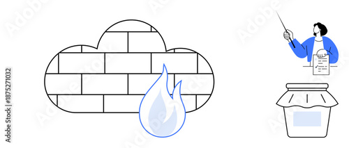 Cloud firewall with flame, compliance checklist being reviewed by a person, jar with lid. Ideal for data security, compliance, firewall protection, regulation, technology, safety simple flat