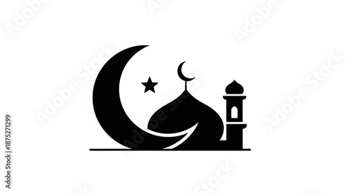 Islamic Crescent Moon and Mosque Silhouette on White Background