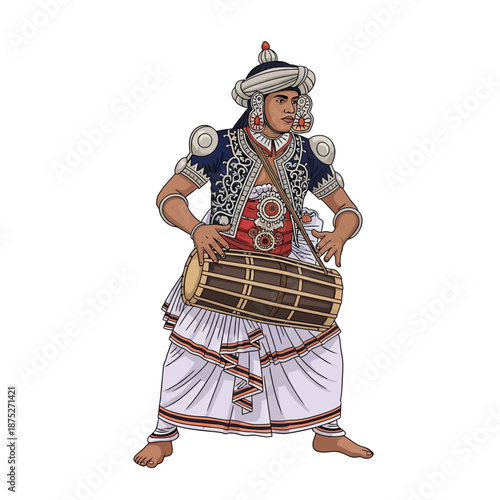 Captivating portrayal of a Sinhala traditional Awurudu Sri Lanka festival performer, expertly playing a Geta Bera drum in vibrant cultural attire