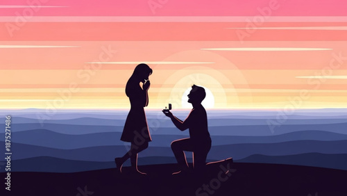 Man Proposing to Woman on Hilltop during Sunset Silhouette