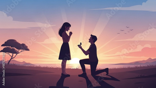 Man Proposing to Woman at Sunset on One Knee with Ring in Hand